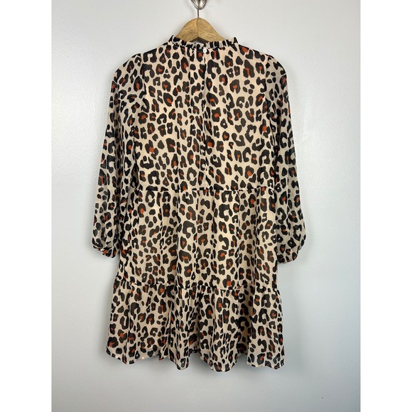 LOFT Petite Leopard Print Tiered Chiffon Ruffle Neck Dress XS Tan Lined Career - Picture 4 of 4